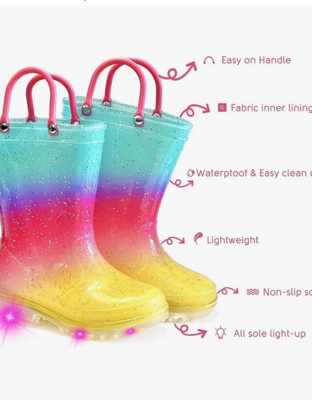 Kids Light-Up Rainbow Ombre Rain Boots - Pink Handles